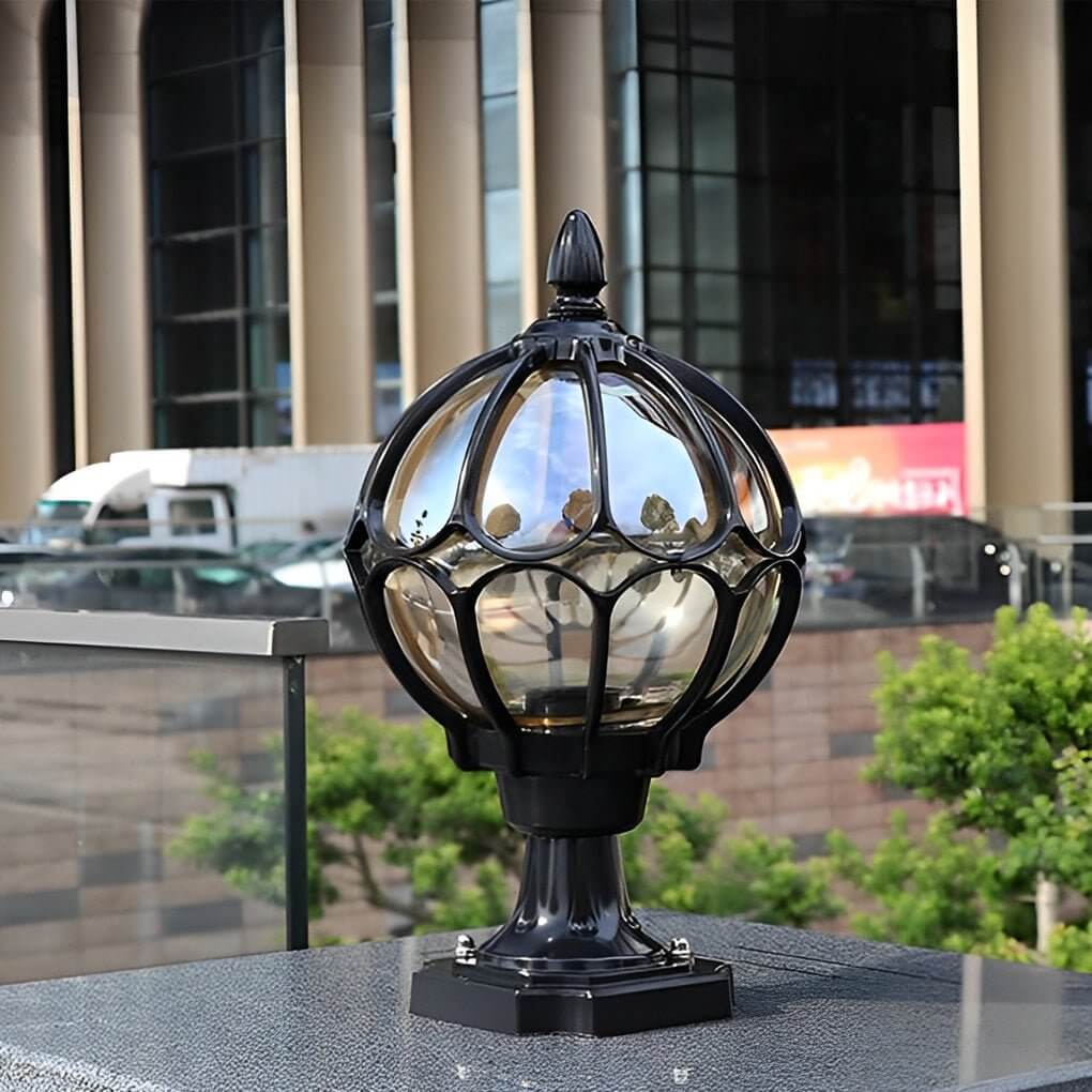 Elegant Outdoor Pillar Lights with Retro Glass Shade & Durable Aluminum Design for Warm Garden Illumination