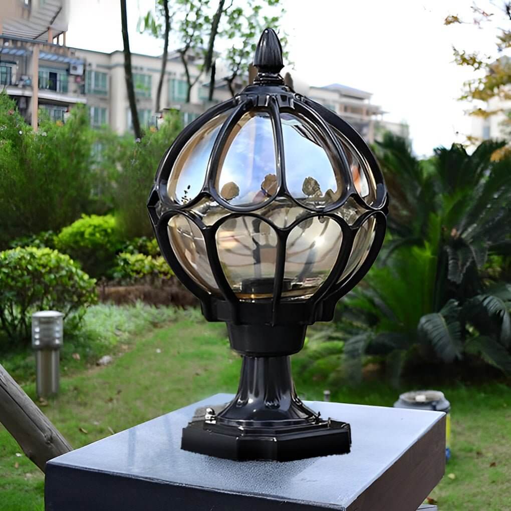 Elegant Outdoor Pillar Lights with Retro Glass Shade & Durable Aluminum Design for Warm Garden Illumination