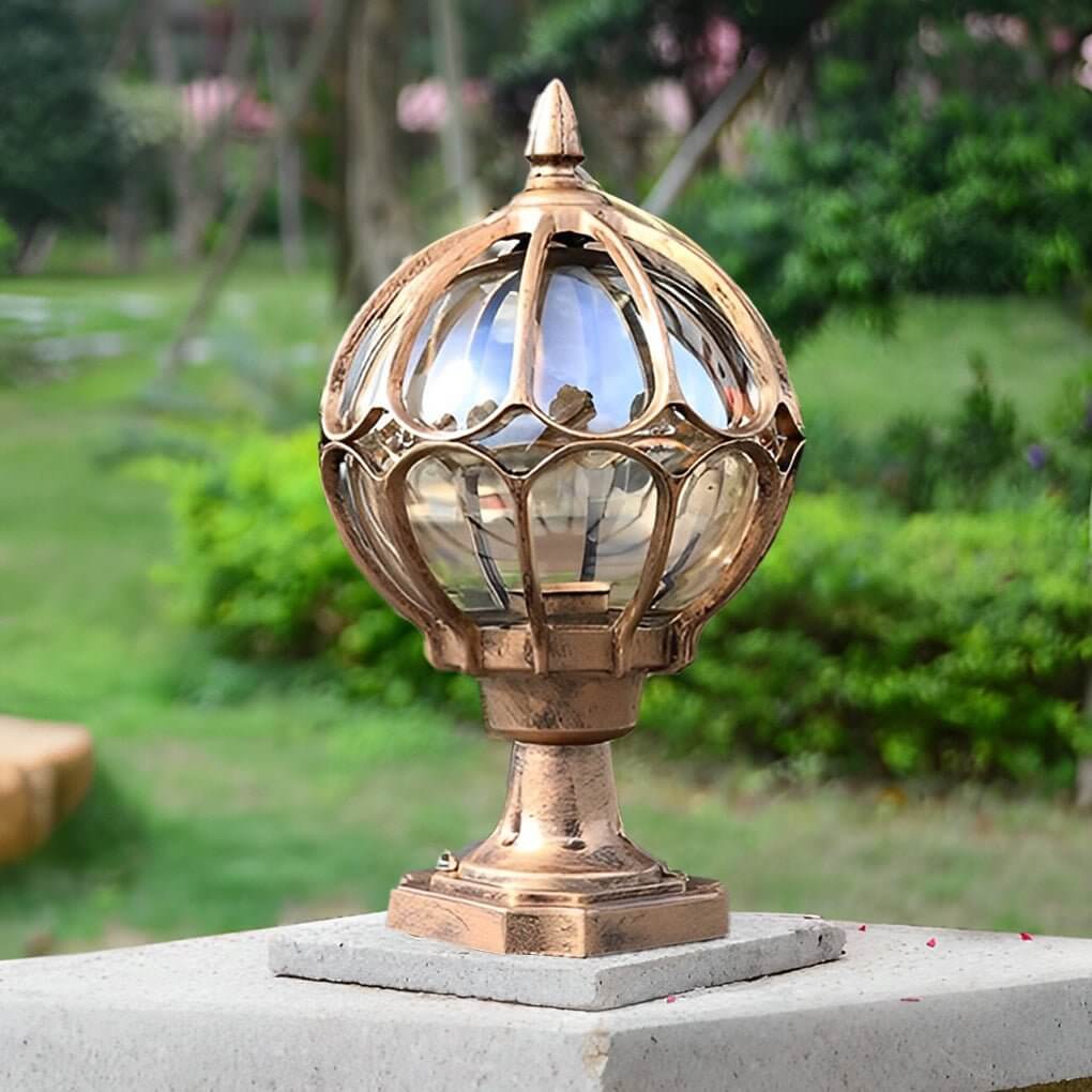 Elegant Outdoor Pillar Lights with Retro Glass Shade & Durable Aluminum Design for Warm Garden Illumination