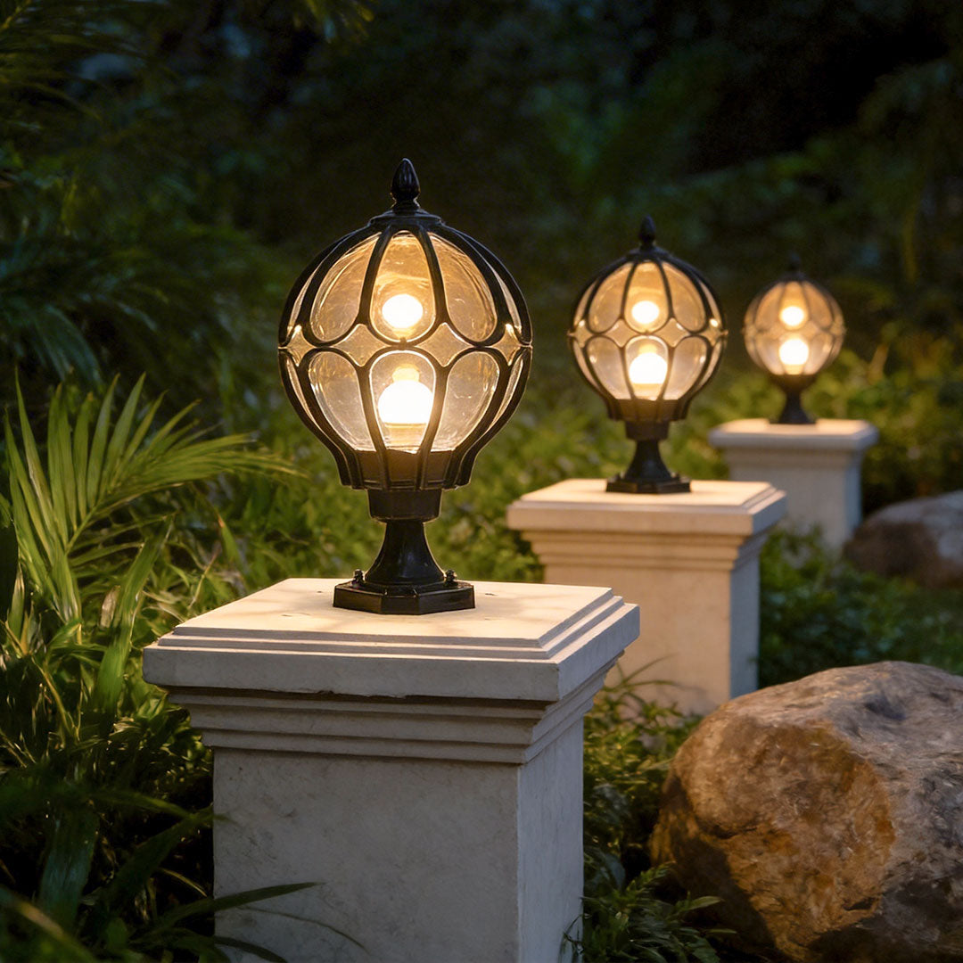 Elegant Outdoor Pillar Lights with Retro Glass Shade & Durable Aluminum Design for Warm Garden Illumination