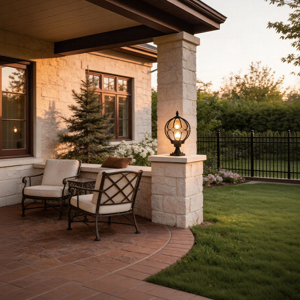 Elegant Outdoor Pillar Lights with Retro Glass Shade & Durable Aluminum Design for Warm Garden Illumination