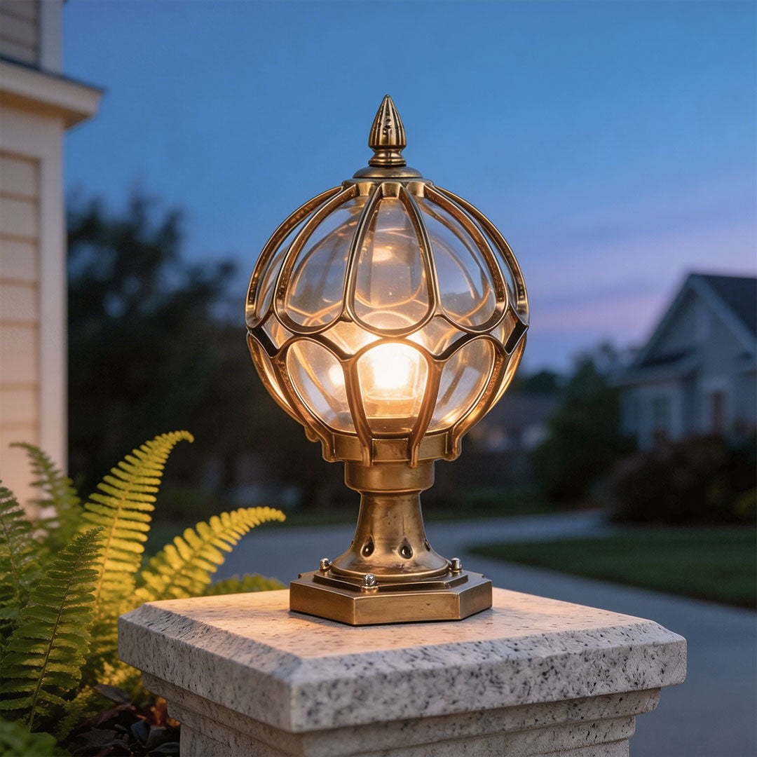 Elegant Outdoor Pillar Lights with Retro Glass Shade & Durable Aluminum Design for Warm Garden Illumination