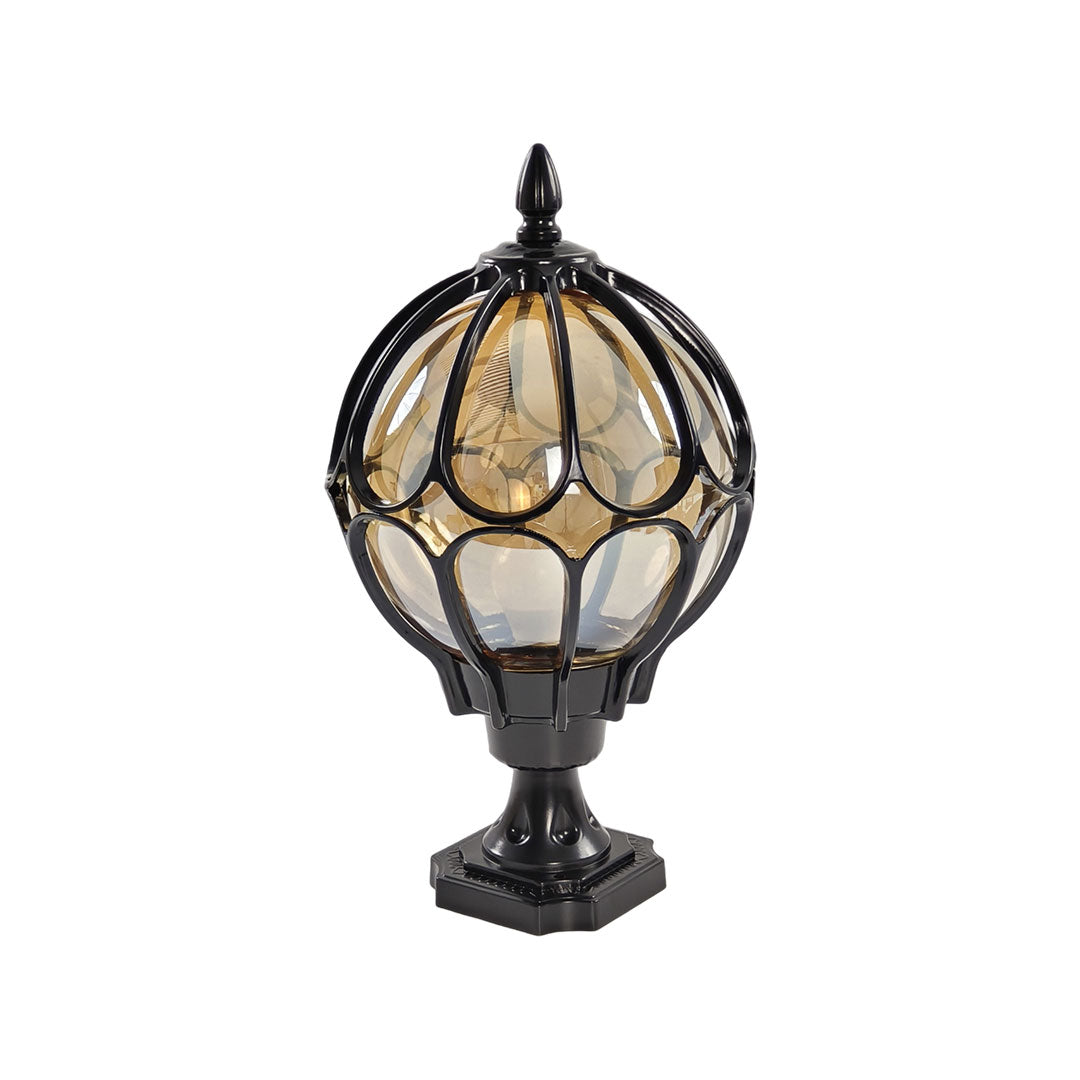 Lune pillar lantern, studio view, black finish with amber glass globe