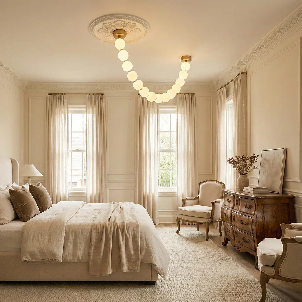 Elegant Pearl Necklace | Gold Chandelier Light with Customizable LED for Luxurious Illumination