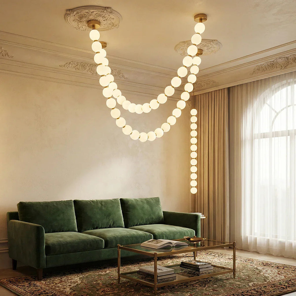 Elegant Pearl Necklace | Gold Chandelier Light with Customizable LED for Luxurious Illumination