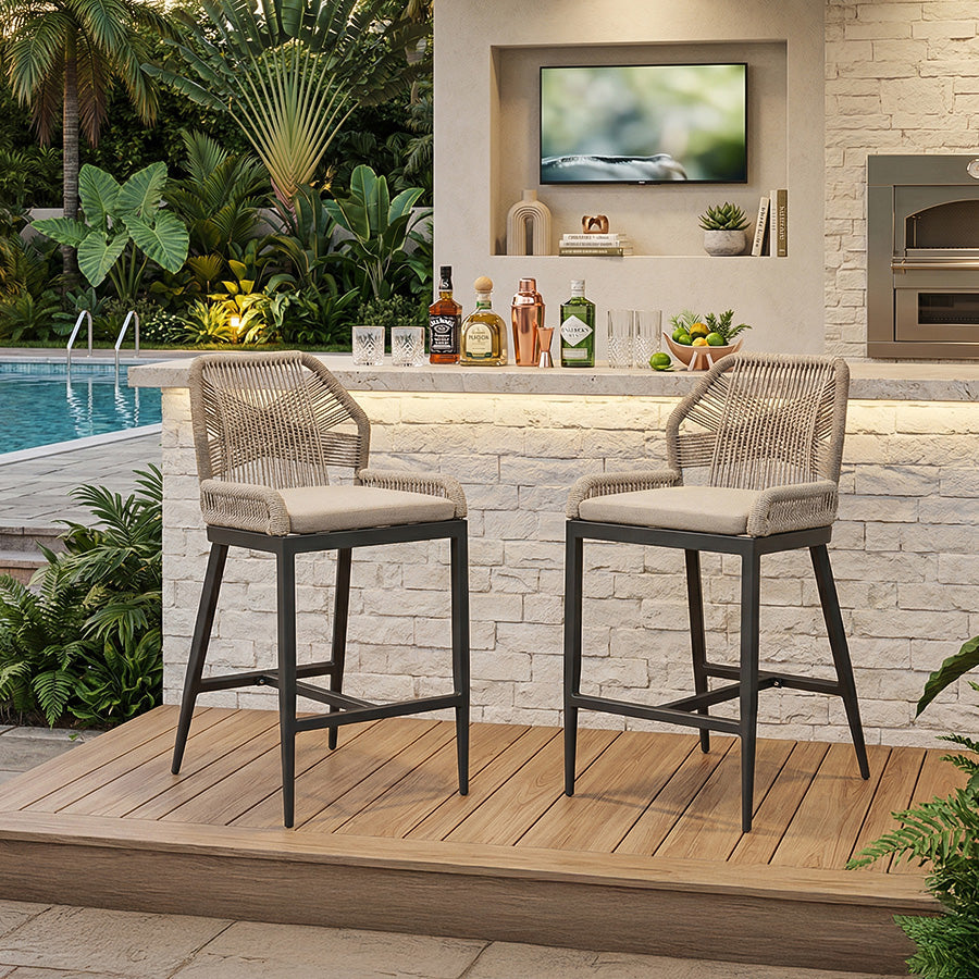 Elegant Wicker Bar Stools with Comfortable Cushions | Durable Outdoor Seating for Patio Relaxation