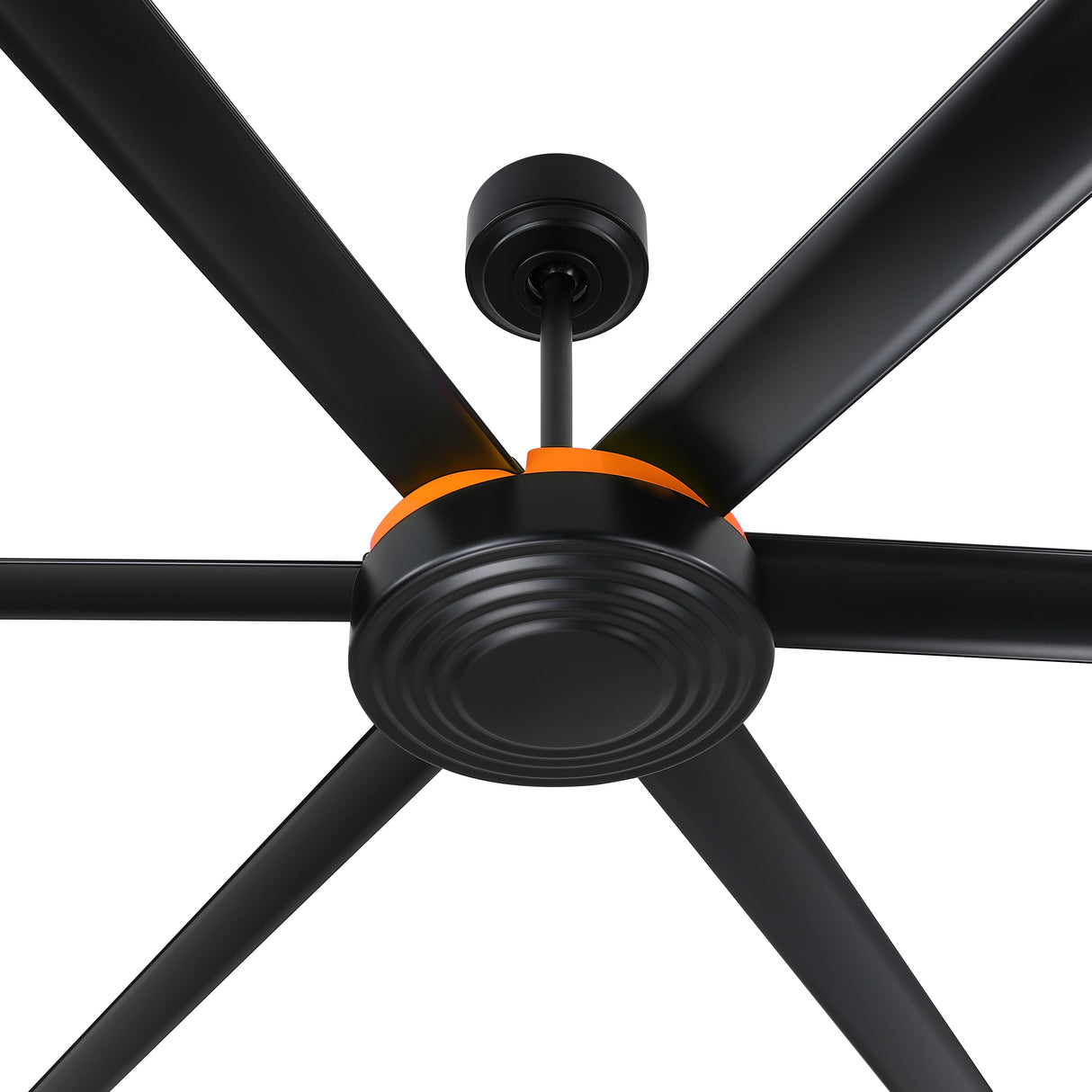 Isaac HVLS fan motor hub and blade detail — black and orange