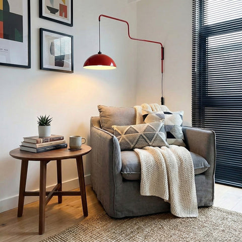 Plug in wall sconce Geometry in red iron and aluminum with downward light, main product view