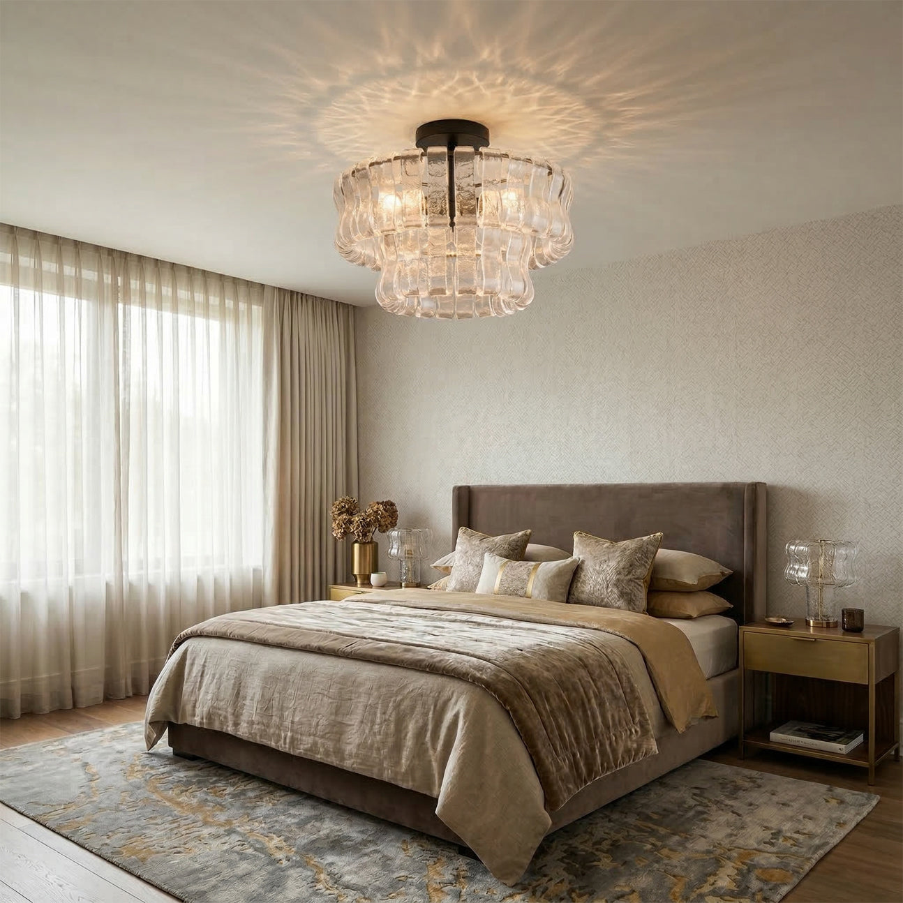 Ghiaccio ceiling light glowing over a modern bedroom — lifestyle