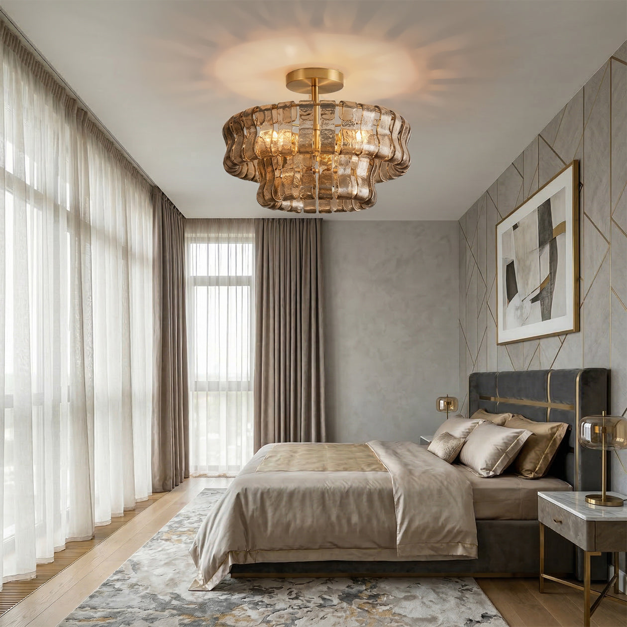 Ghiaccio smoke-glass ceiling light in a warm bedroom — lifestyle