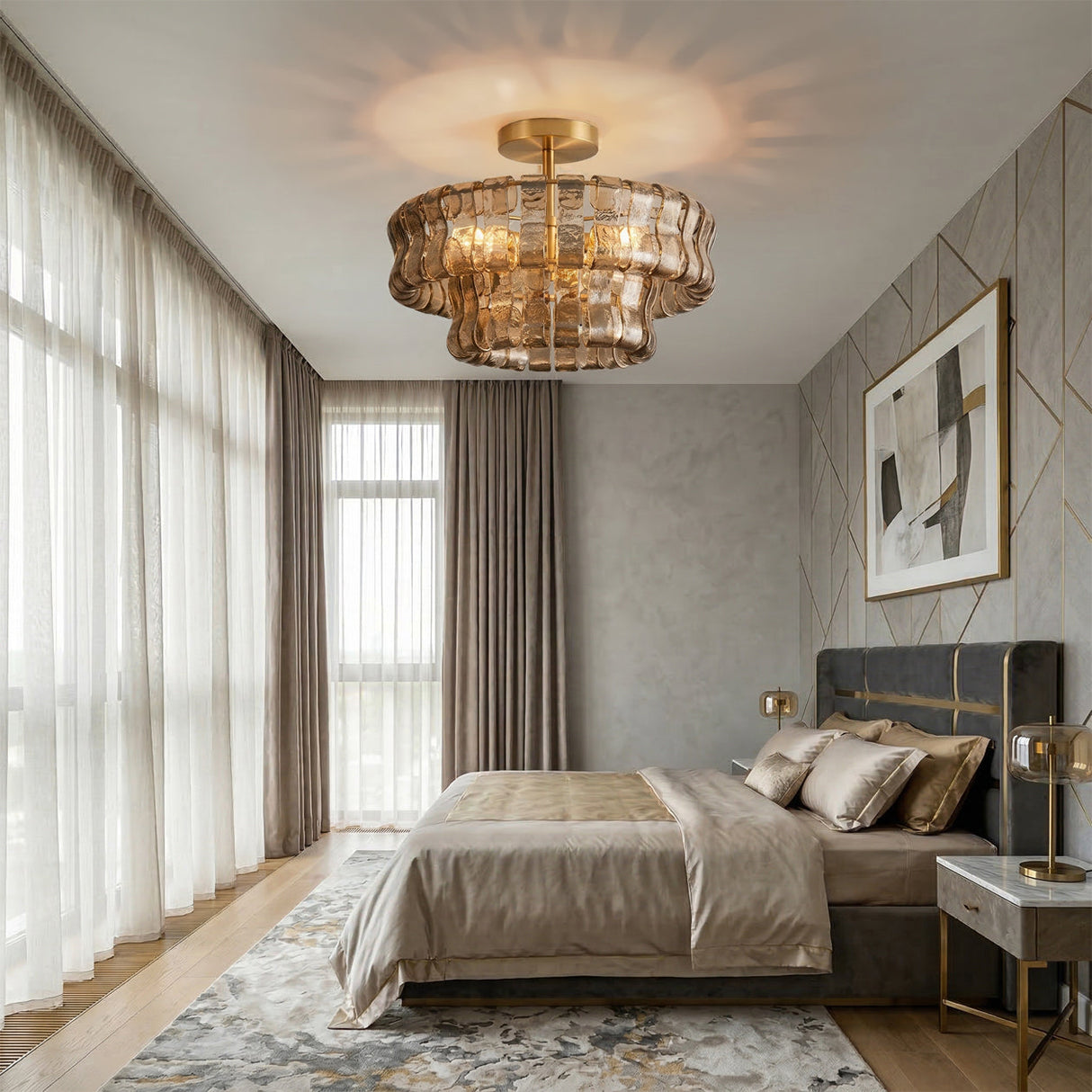 Ghiaccio smoke-glass ceiling light in a warm bedroom — lifestyle