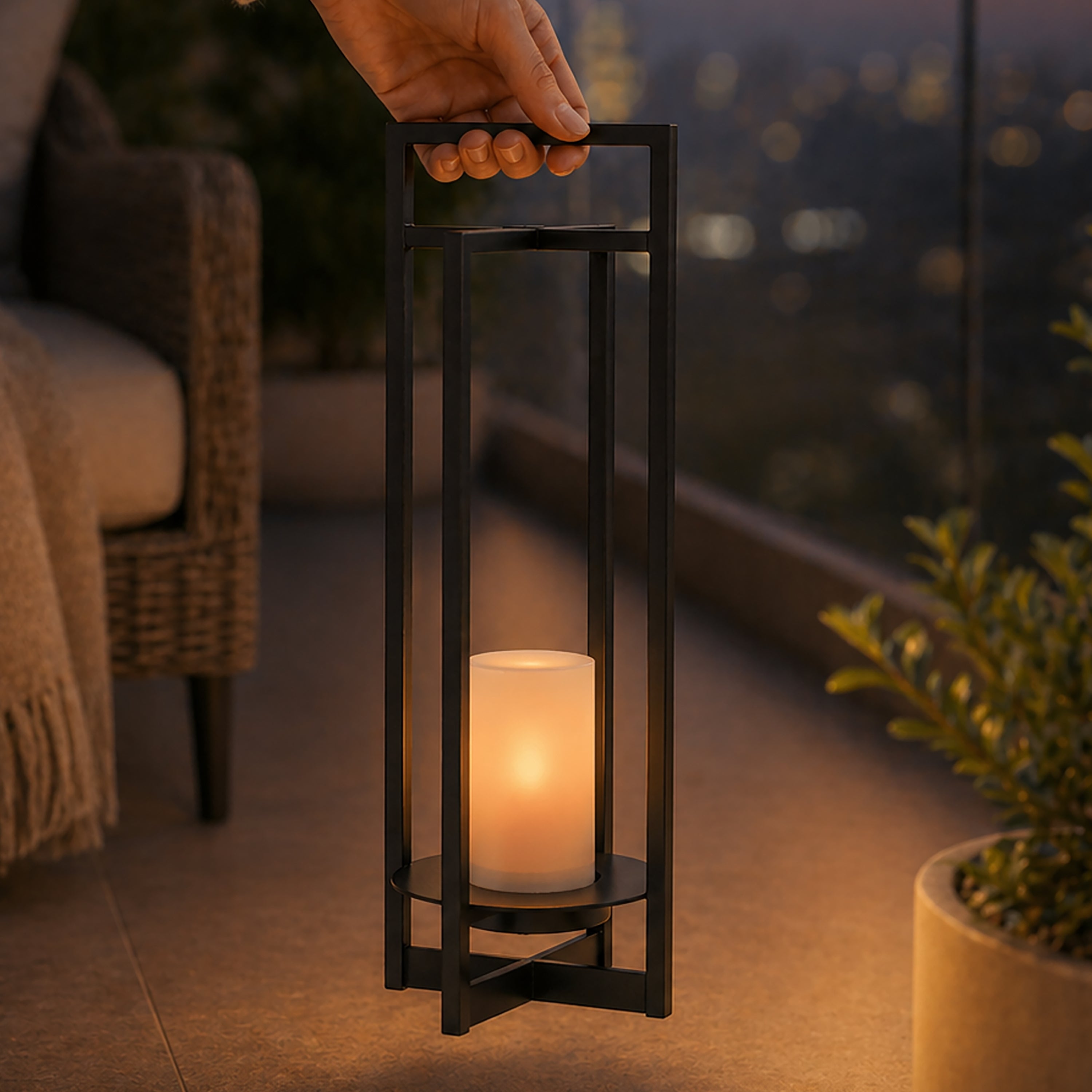 Solar Powered Outdoor Lantern 24 Inch with Flickering LED Candle and Weather-Resistant Black Metal Frame