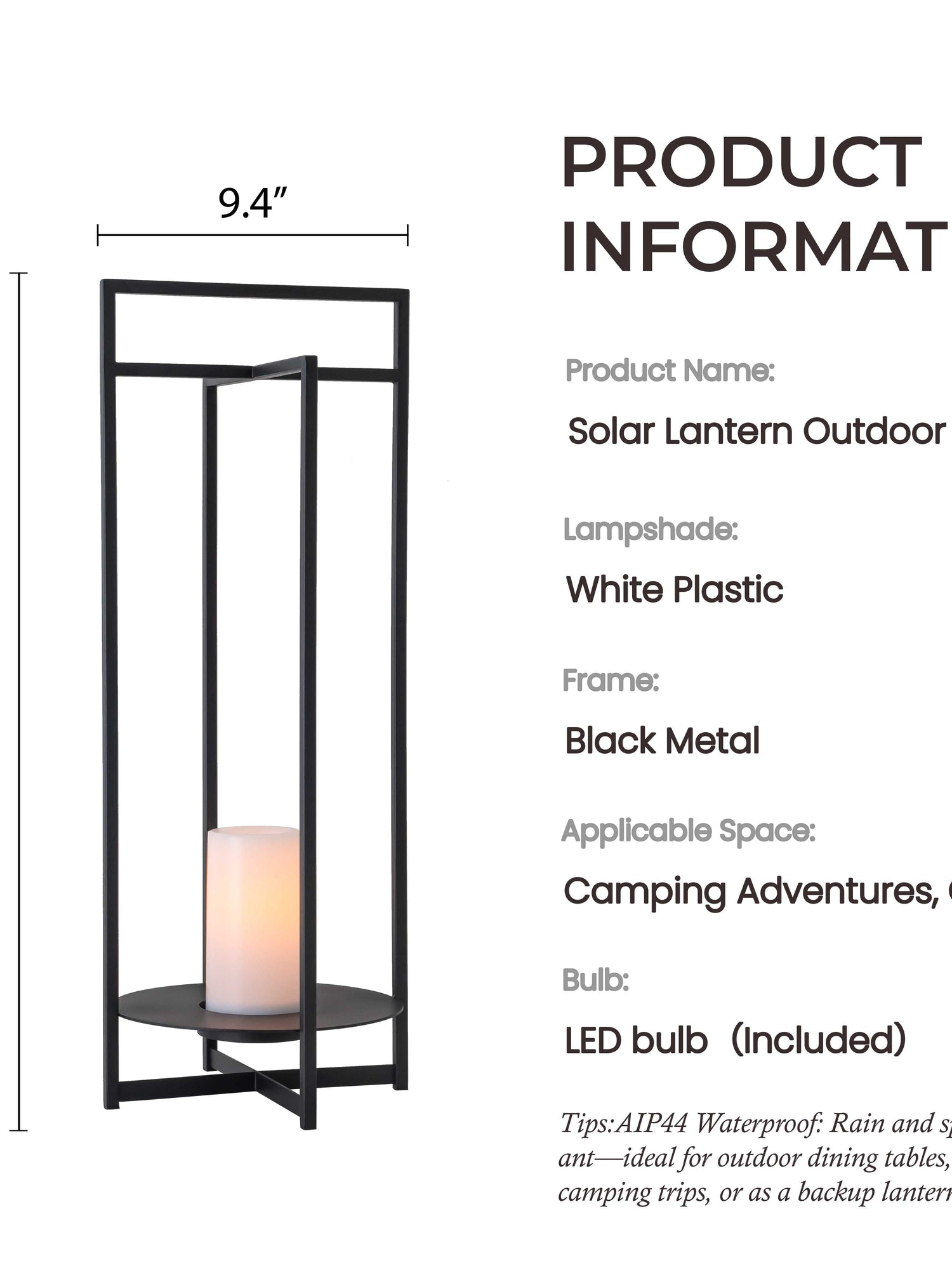 Solar Powered Outdoor Lantern 24 Inch with Flickering LED Candle and Weather-Resistant Black Metal Frame