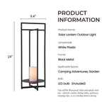Solar Powered Outdoor Lantern 24 Inch with Flickering LED Candle and Weather-Resistant Black Metal Frame