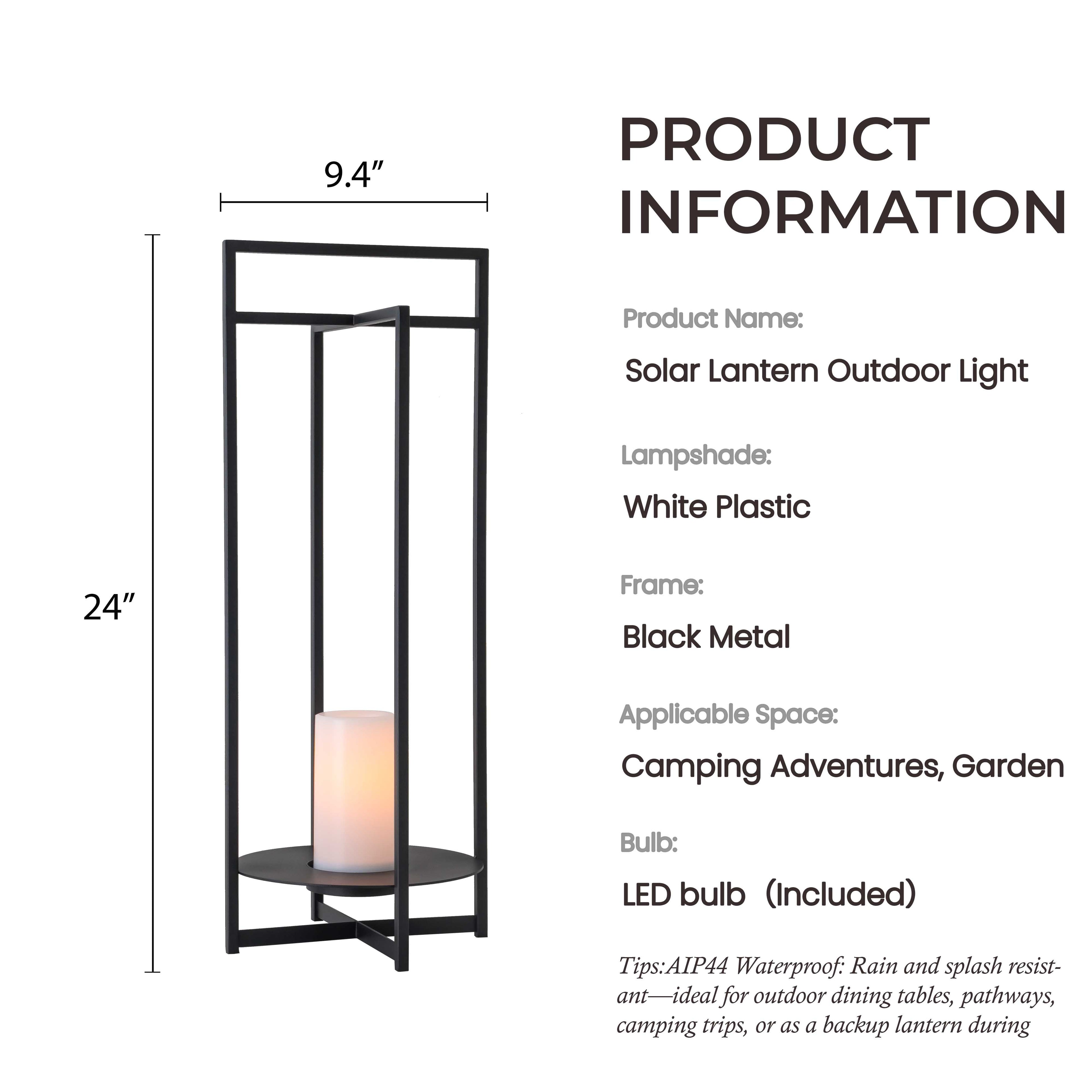 Solar Powered Outdoor Lantern 24 Inch with Flickering LED Candle and Weather-Resistant Black Metal Frame