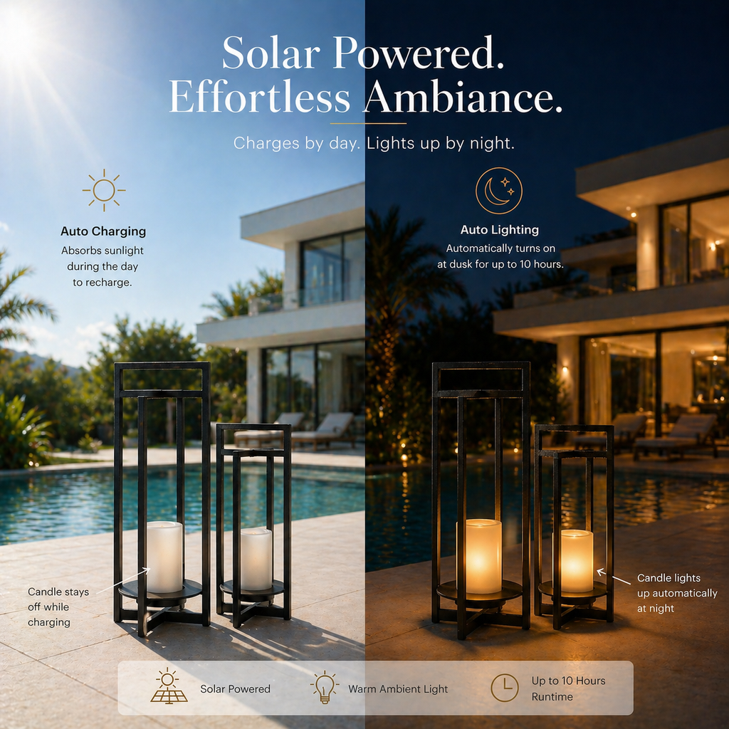 Solar Powered Outdoor Lantern 24 Inch with Flickering LED Candle and Weather-Resistant Black Metal Frame