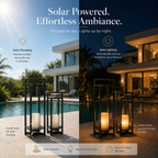 Solar Powered Outdoor Lantern 24 Inch with Flickering LED Candle and Weather-Resistant Black Metal Frame