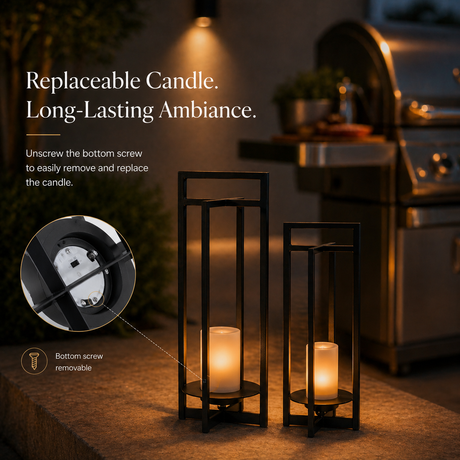 Solar Powered Outdoor Lantern 24 Inch with Flickering LED Candle and Weather-Resistant Black Metal Frame