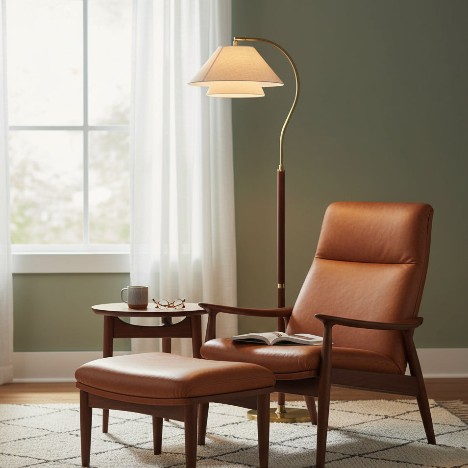 Hands Garner Floor Lamp Modern Wood & Linen Arc Reading Lamp