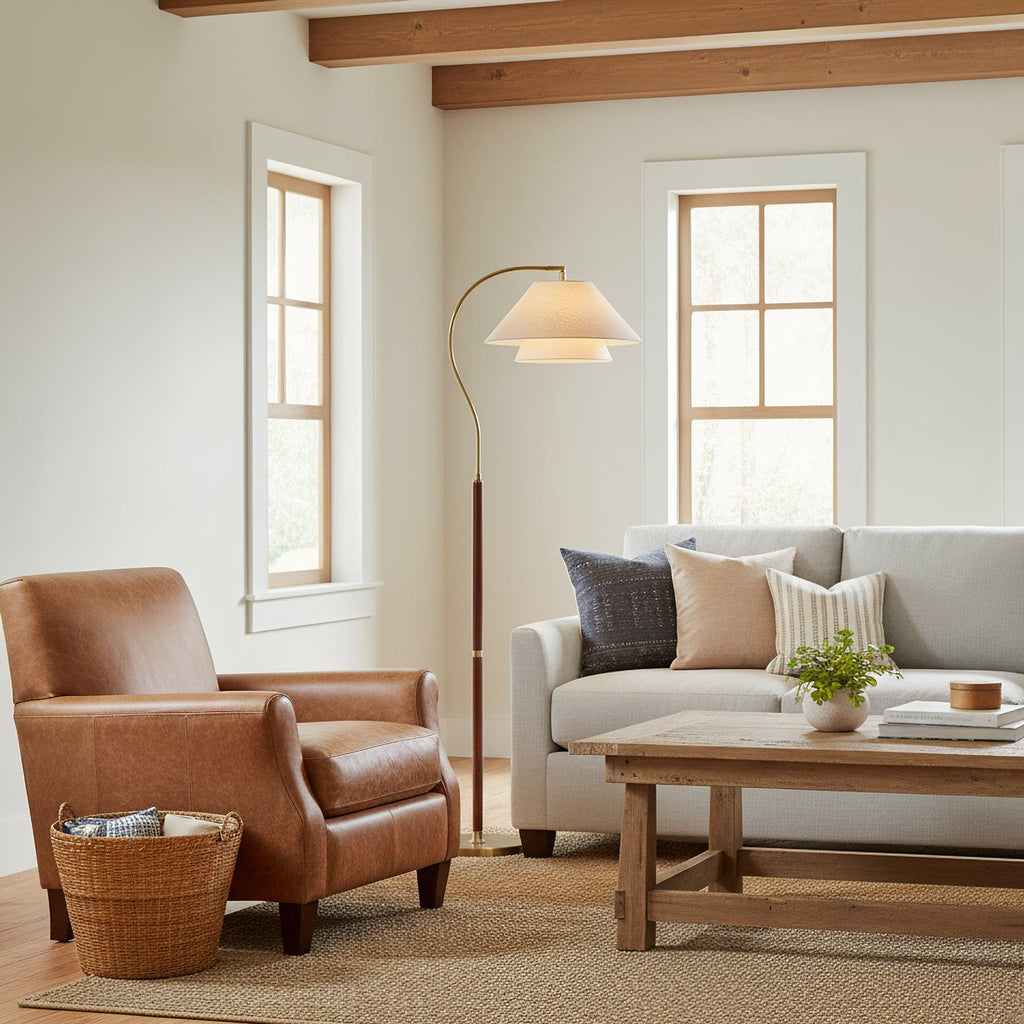 Hands Garner Floor Lamp Modern Wood & Linen Arc Reading Lamp