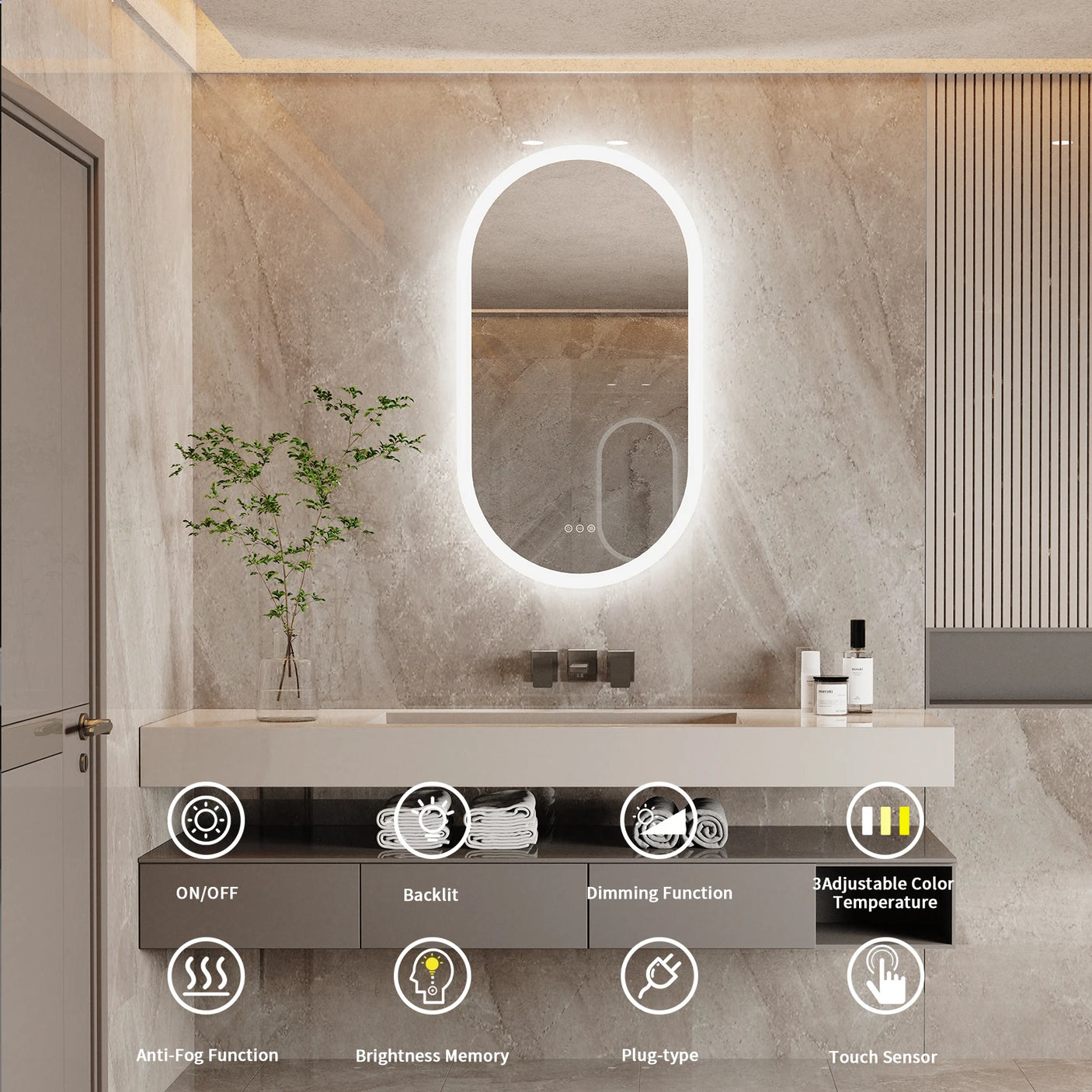 Ovaler LED-Badspiegel mit Beschlagschutz und Wandmontage