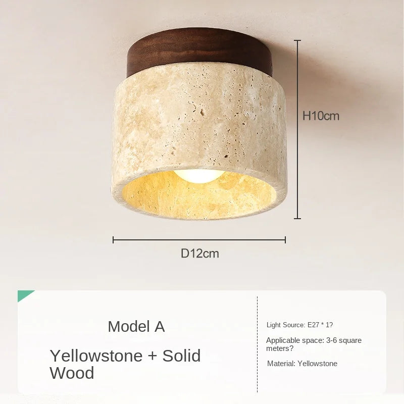 Japanese Style LED Ceiling Light Stone Wood Round Surface Mount