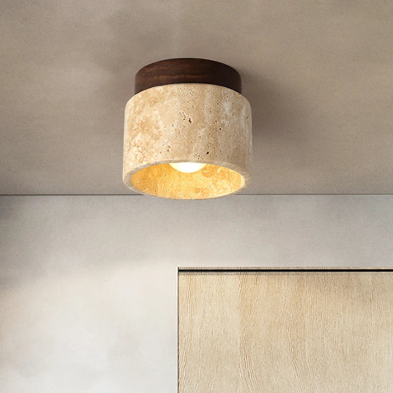 Japanese Style LED Ceiling Light Stone Wood Round Surface Mount