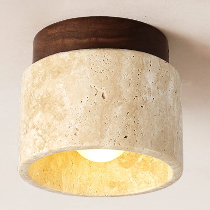 Japanese Style LED Ceiling Light Stone Wood Round Surface Mount