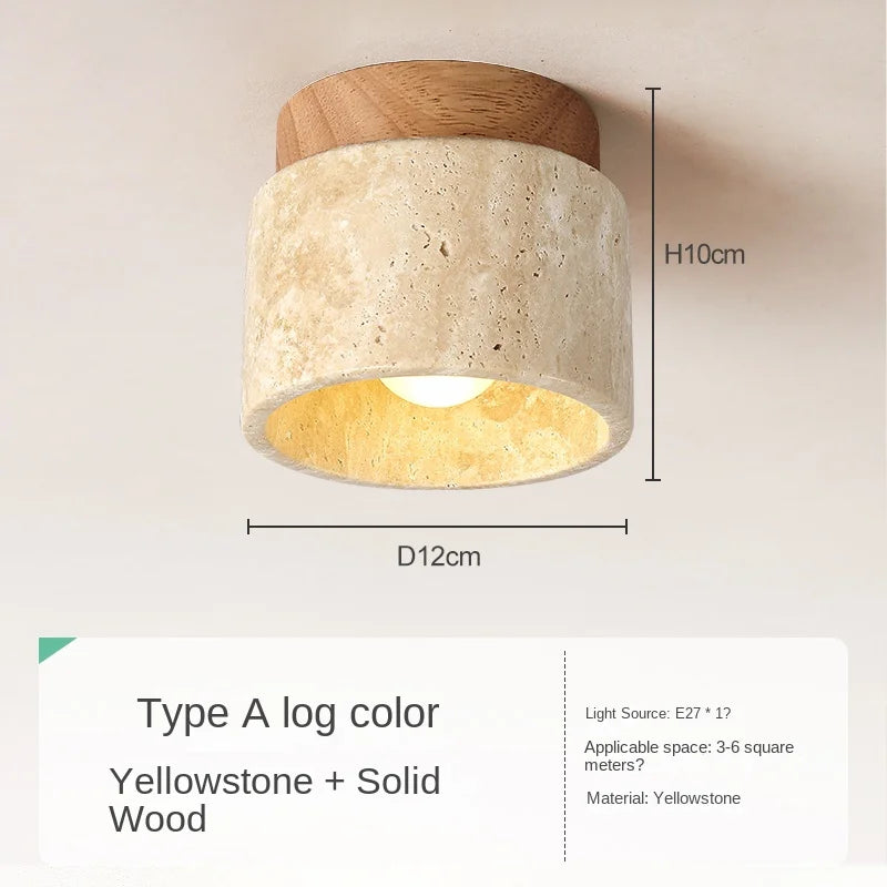 Japanese Style LED Ceiling Light Stone Wood Round Surface Mount