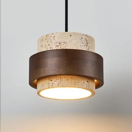 LED-Pendelleuchte aus Nussbaumholz mit Steinoptik