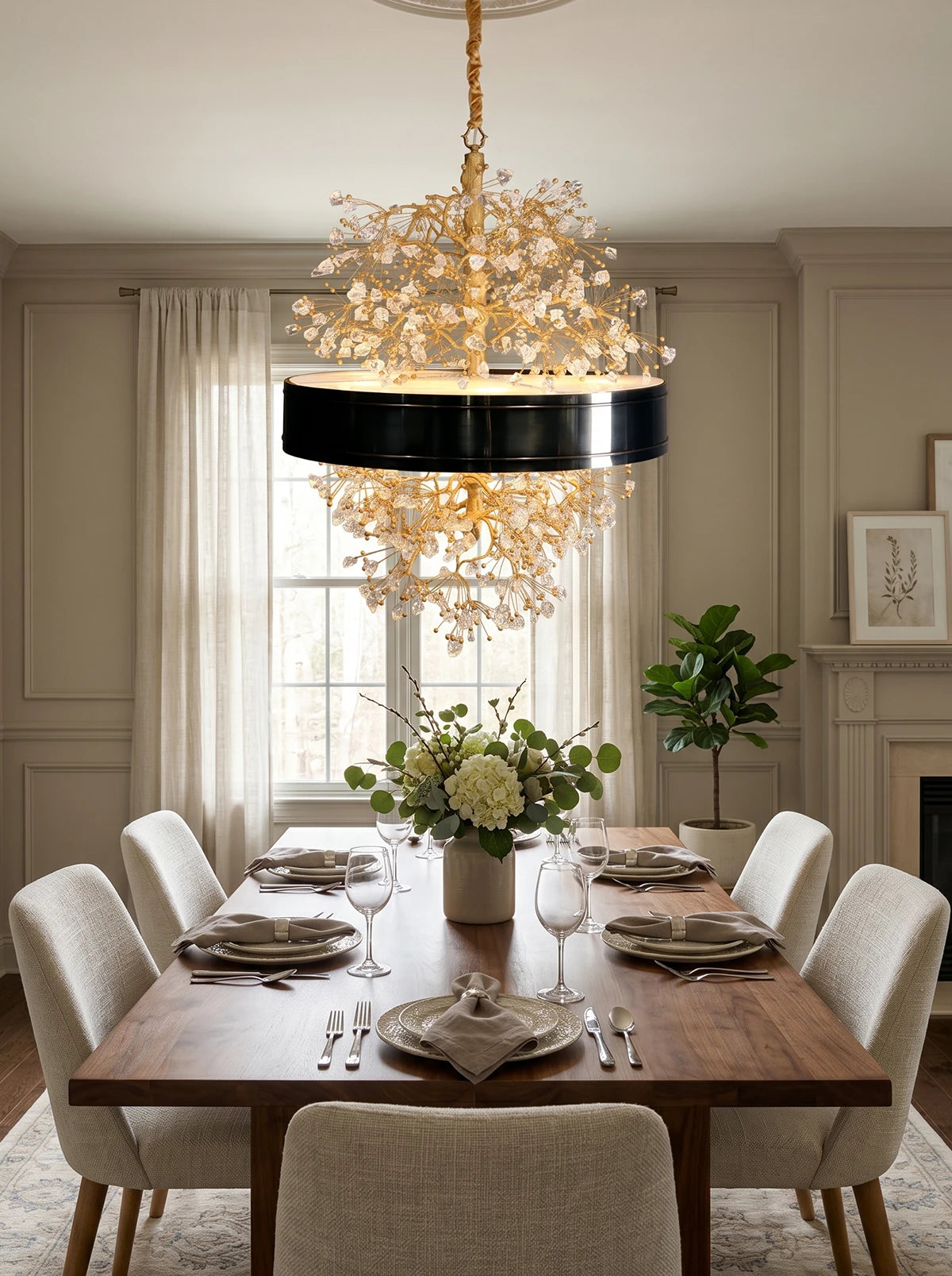 Lorna Collection | Modern Chandelier Light with Glass & Antique Brass Finish | Elegant Dining Room Lighting for a Warm Atmosphere