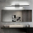 Black vanity light bar close up showing white acrylic shades and a slim iron frame