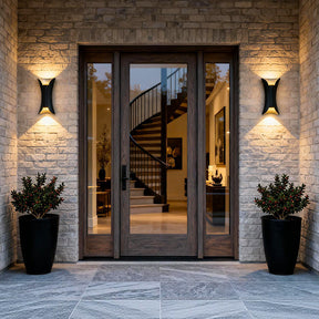 Faro sconces flanking a formal stone entry at dusk — lifestyle