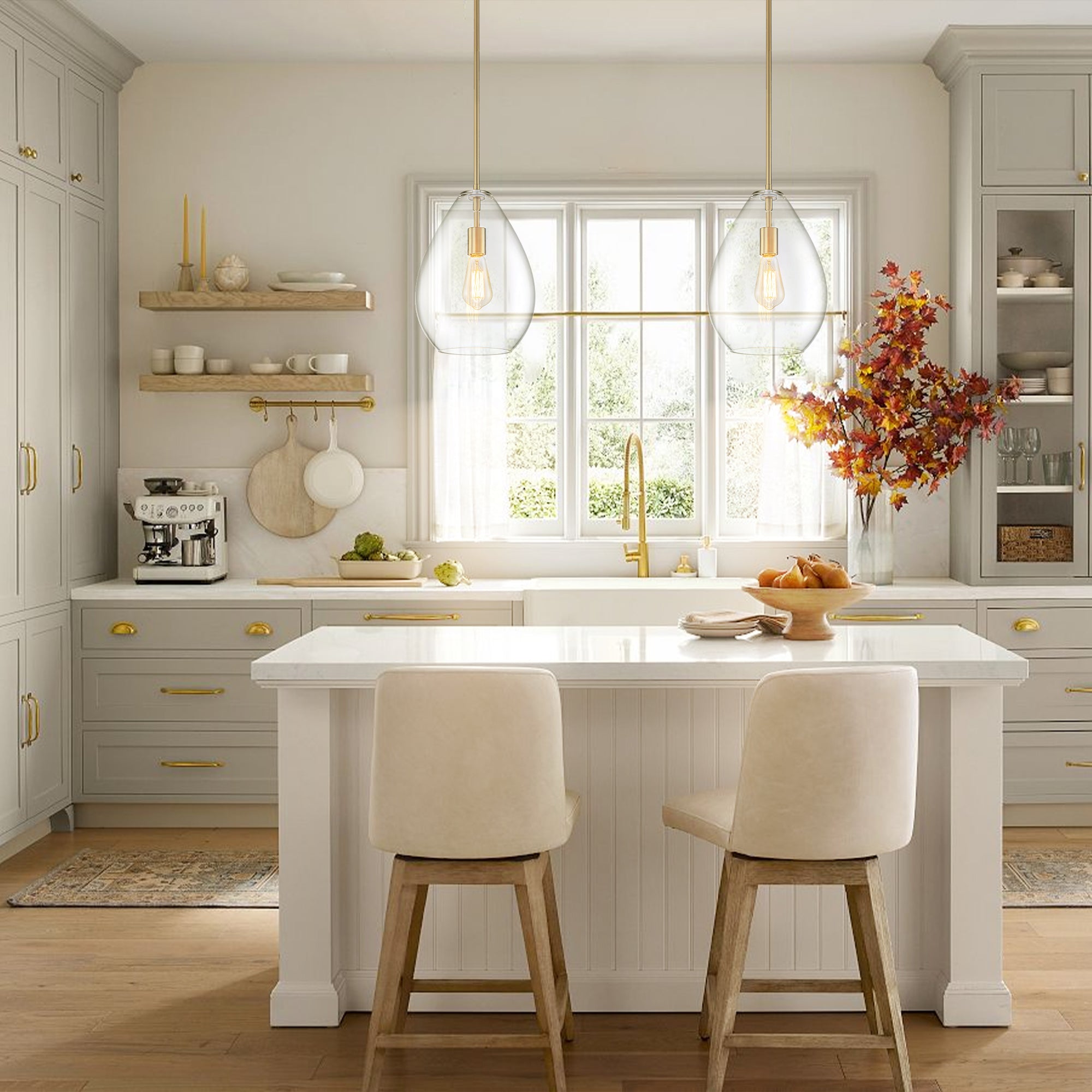 Modern Olive | Glass Pendant Light with Dimmable Shade | Adjustable Height for Kitchen Island Lighting