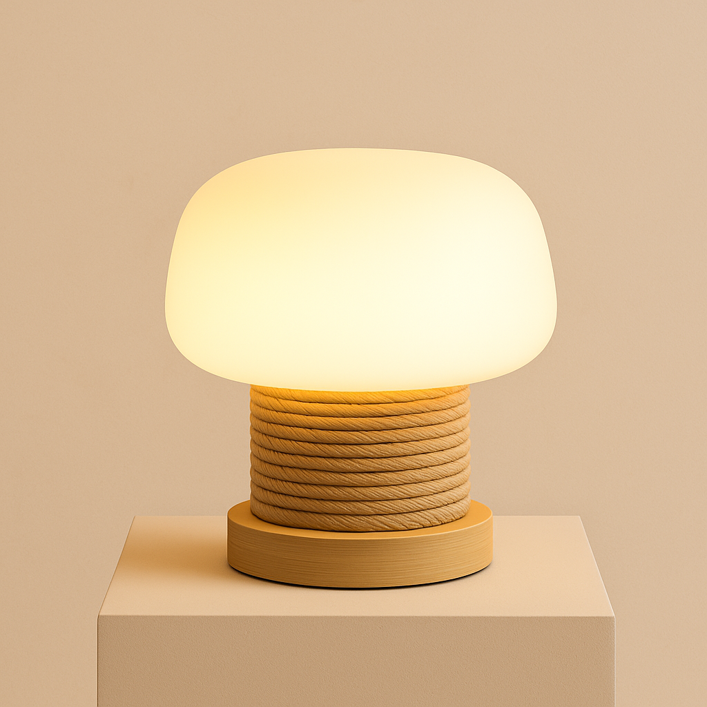 MushroomGlow | Serene Wooden Table Lamp with Glass Shade for Bedroom