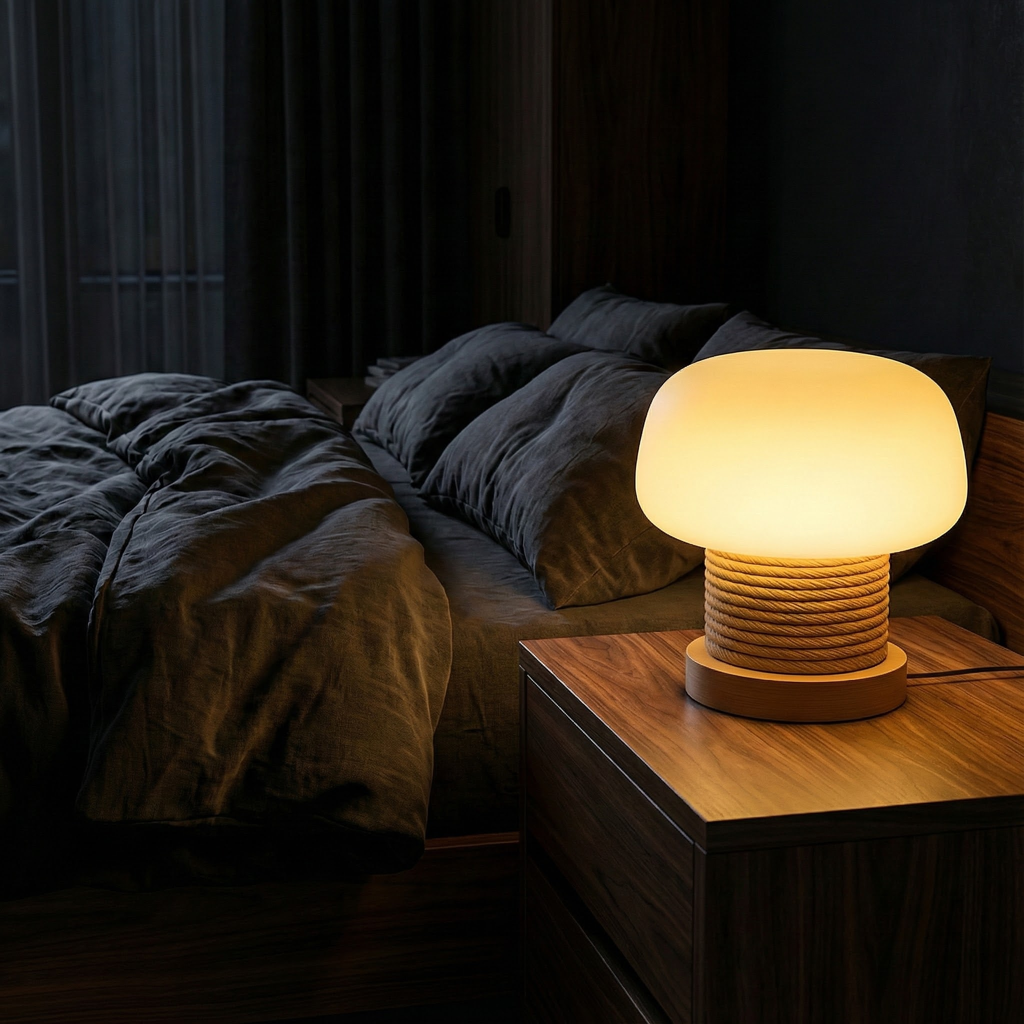 MushroomGlow | Serene Wooden Table Lamp with Glass Shade for Bedroom