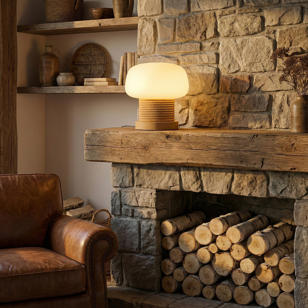MushroomGlow | Serene Wooden Table Lamp with Glass Shade for Bedroom