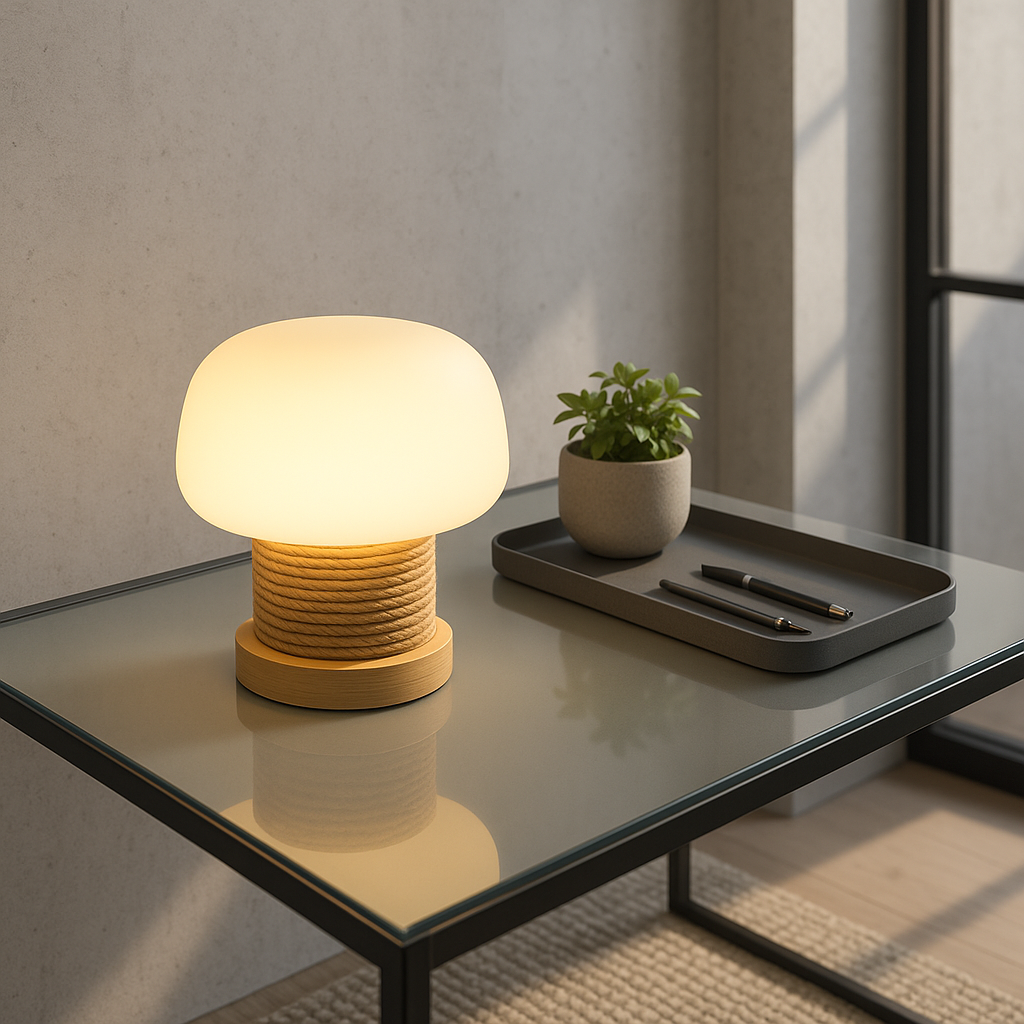 MushroomGlow | Serene Wooden Table Lamp with Glass Shade for Bedroom