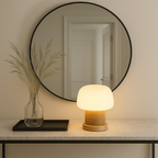 MushroomGlow | Serene Wooden Table Lamp with Glass Shade for Bedroom