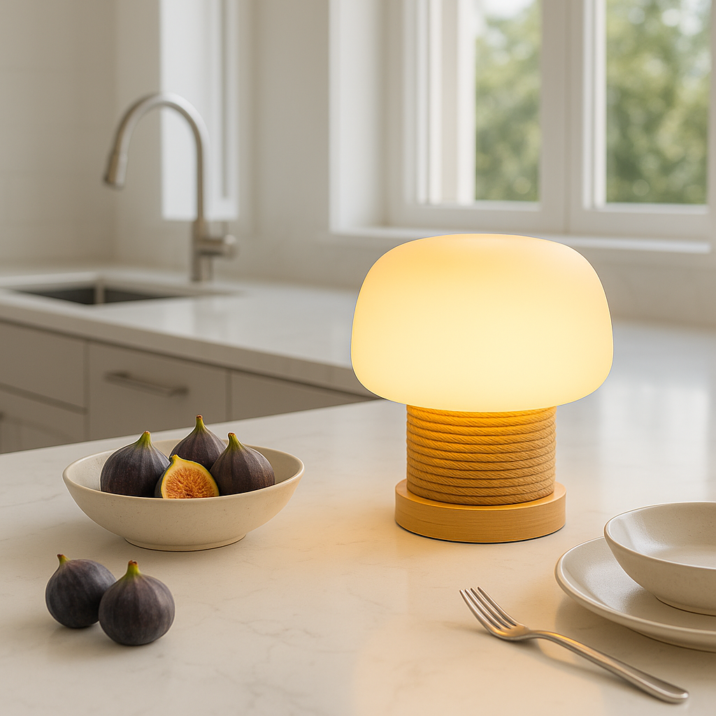 MushroomGlow | Serene Wooden Table Lamp with Glass Shade for Bedroom