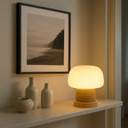 MushroomGlow | Serene Wooden Table Lamp with Glass Shade for Bedroom