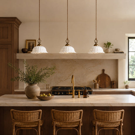 Anita three-head ceramic pendants over a kitchen island — lifestyle