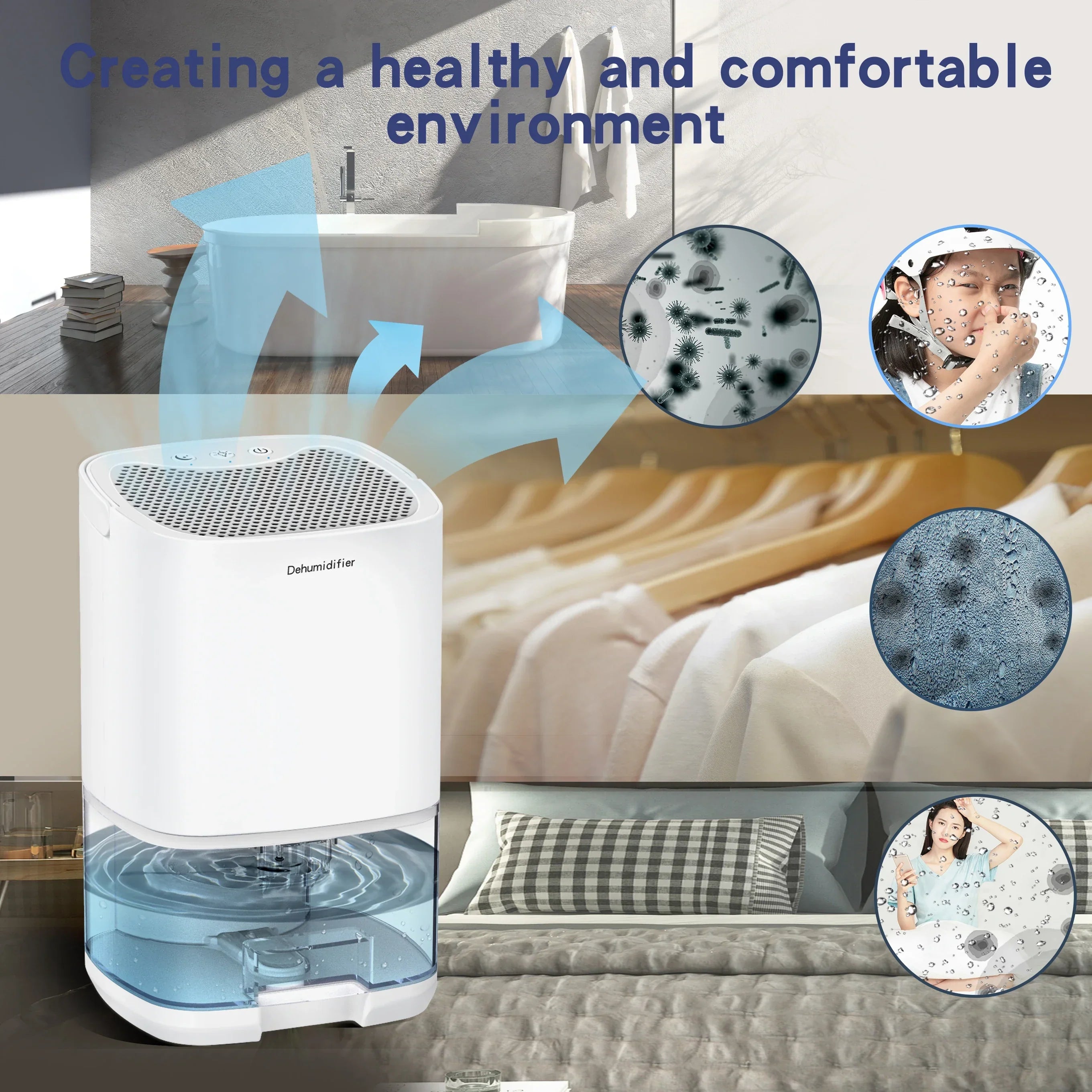 Portable Dehumidifier | 1000ml Compact Design with Air Filter & Night Light | Ideal for Cleaner, Drier Air