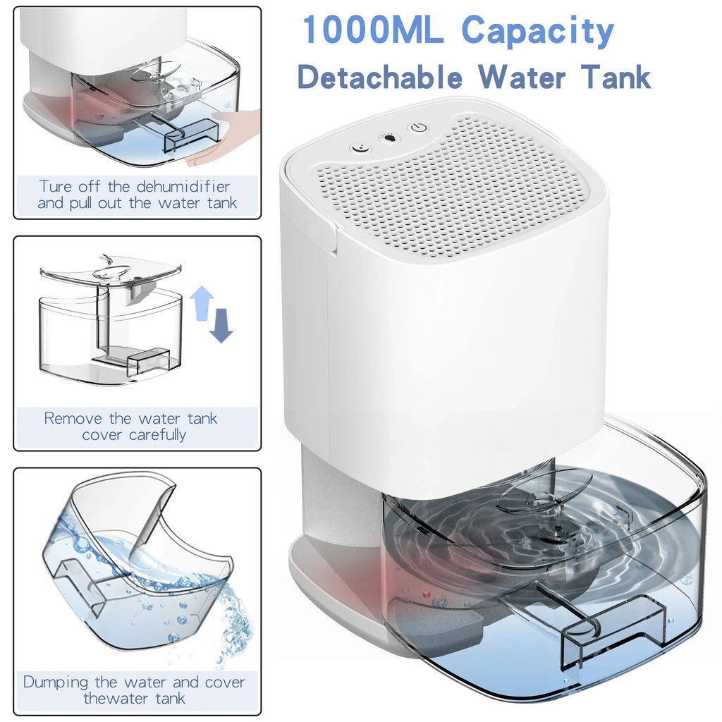 Portable Dehumidifier | 1000ml Compact Design with Air Filter & Night Light | Ideal for Cleaner, Drier Air