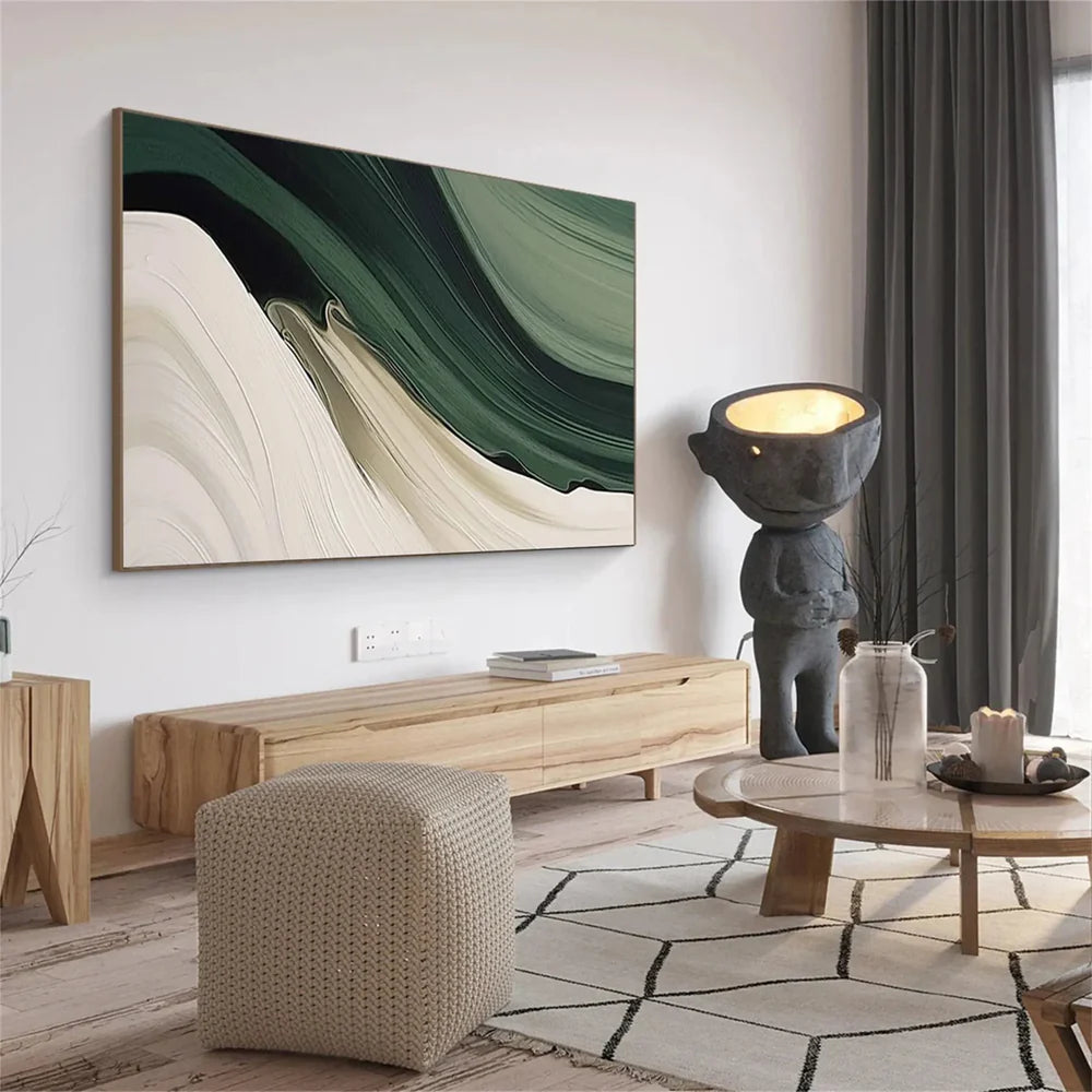 Grünes abstraktes Wandbild, handgemalt auf Leinen