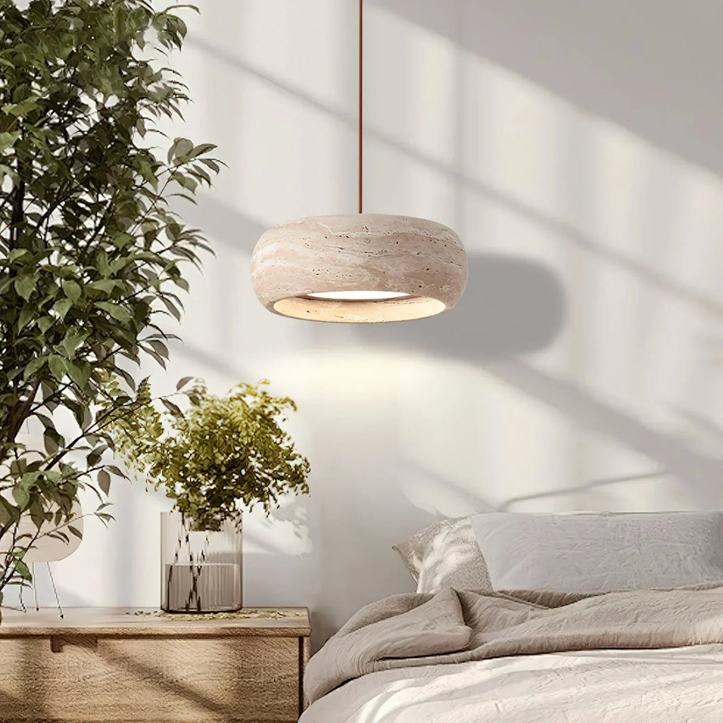 Natural Travertine Stone Donut Pendant Light – Minimalist Organic Modern Hanging Lamp