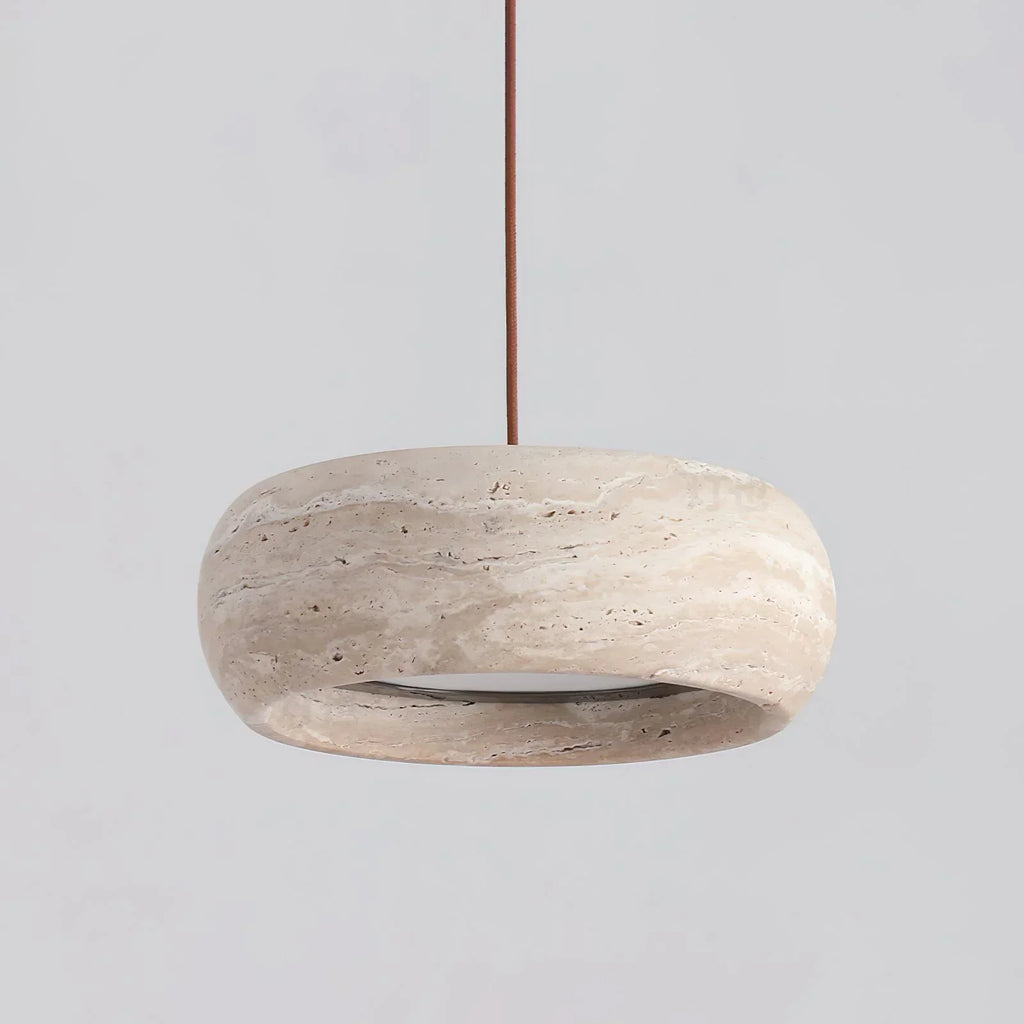 Natural Travertine Stone Donut Pendant Light – Minimalist Organic Modern Hanging Lamp