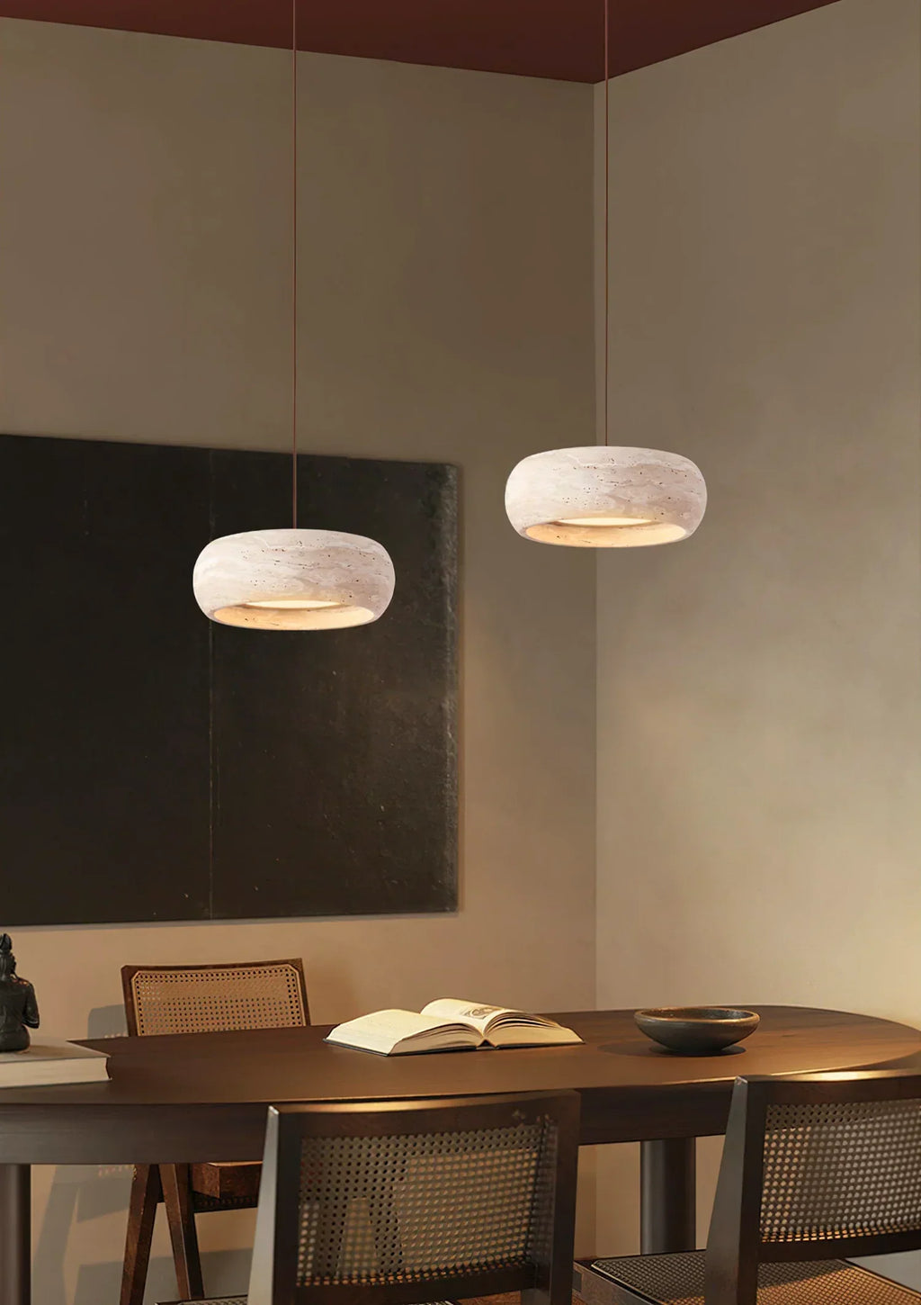 Natural Travertine Stone Donut Pendant Light – Minimalist Organic Modern Hanging Lamp
