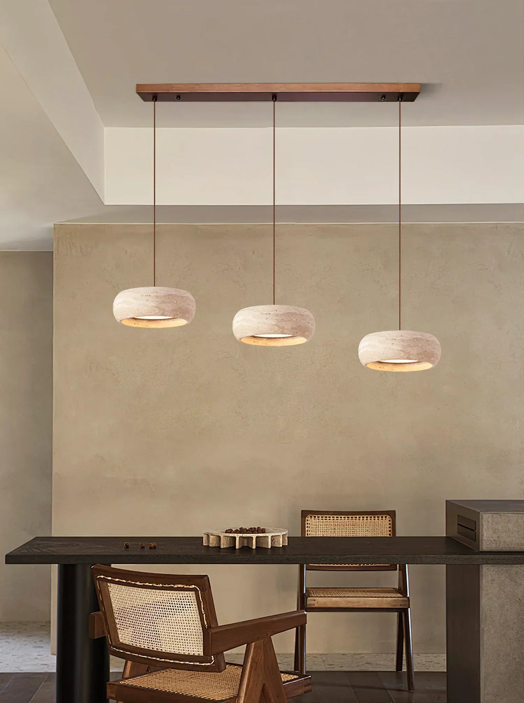 Natural Travertine Stone Donut Pendant Light – Minimalist Organic Modern Hanging Lamp