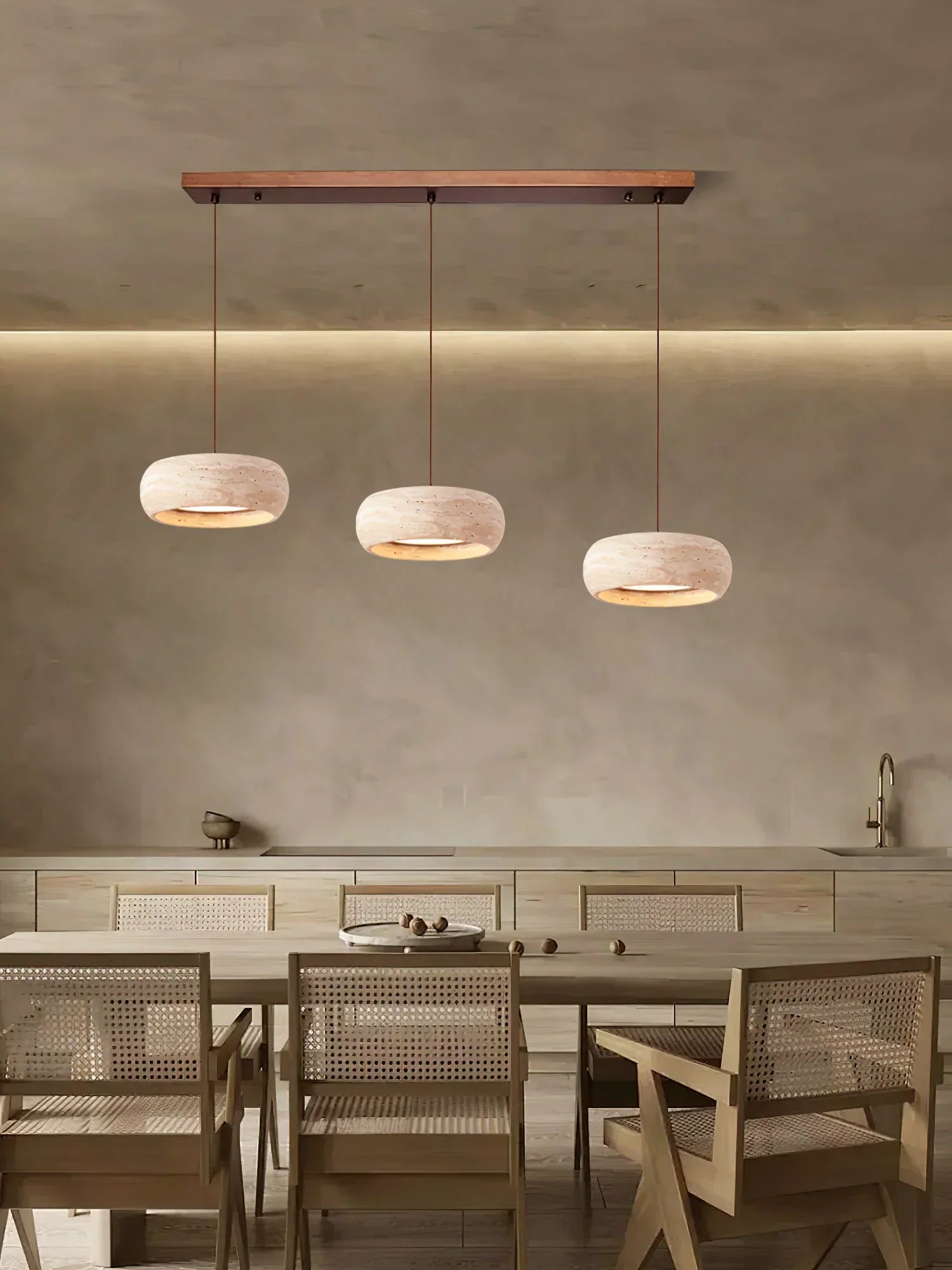 Natural Travertine Stone Donut Pendant Light – Minimalist Organic Modern Hanging Lamp